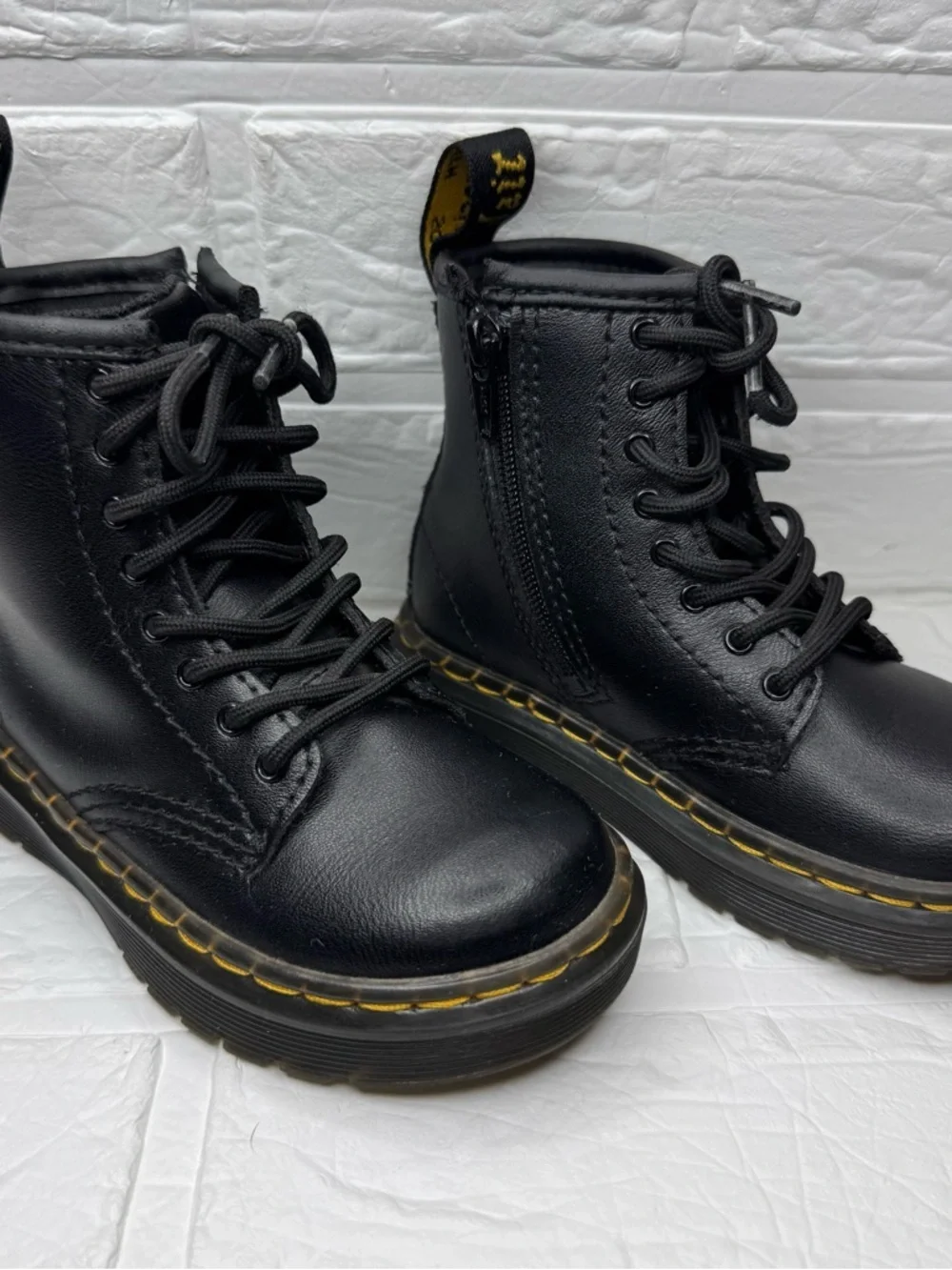 Dr. Martens Toddler US8 Kids Black Leather Lace-Up Boots with Yellow Stitching